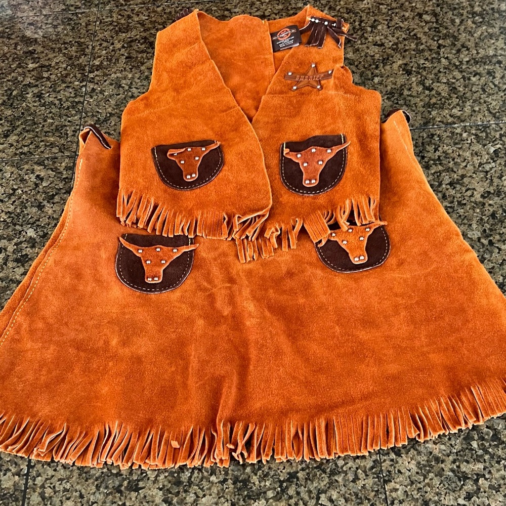 Orange Fringe Vest and Skirt Set with Bull Design